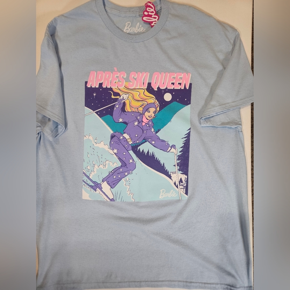 Barbie T-Shirt Womens XL Light Blue Hybrid Graphic Casual Tee Skiing Snow Casual